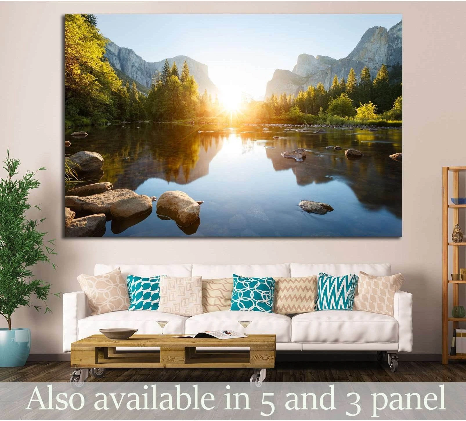 Yosemite Valley sunrise canvas print above sofa with calm river reflection and mountain cliffs