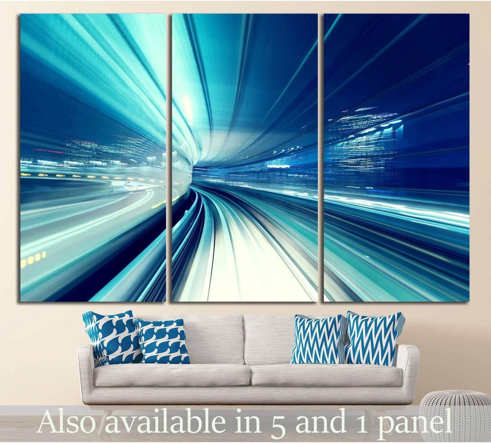 Blue motion tunnel triptych canvas print above sofa in a modern living room