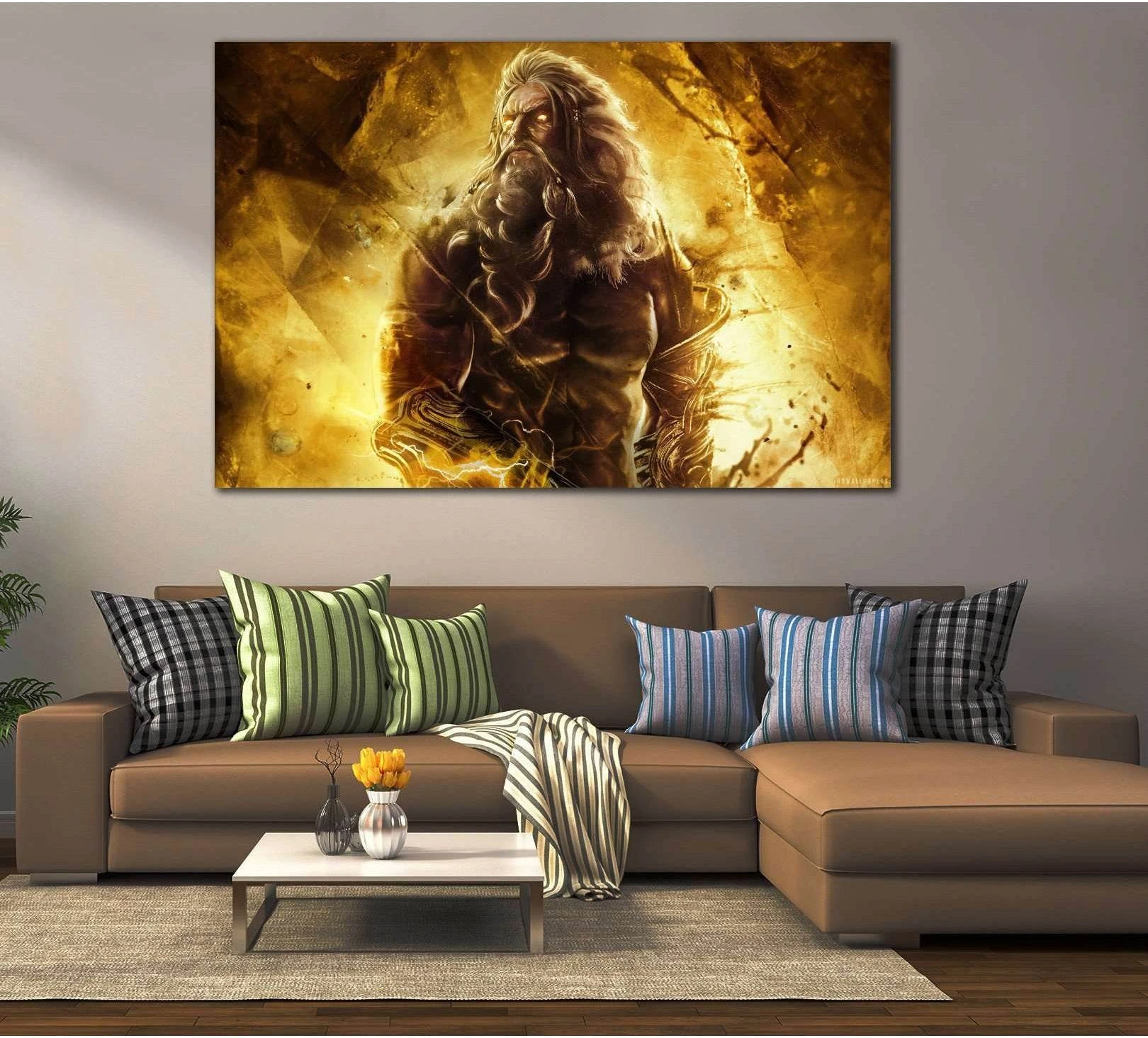 Gold Zeus canvas print hung above sofa in a modern living room with striped pillows